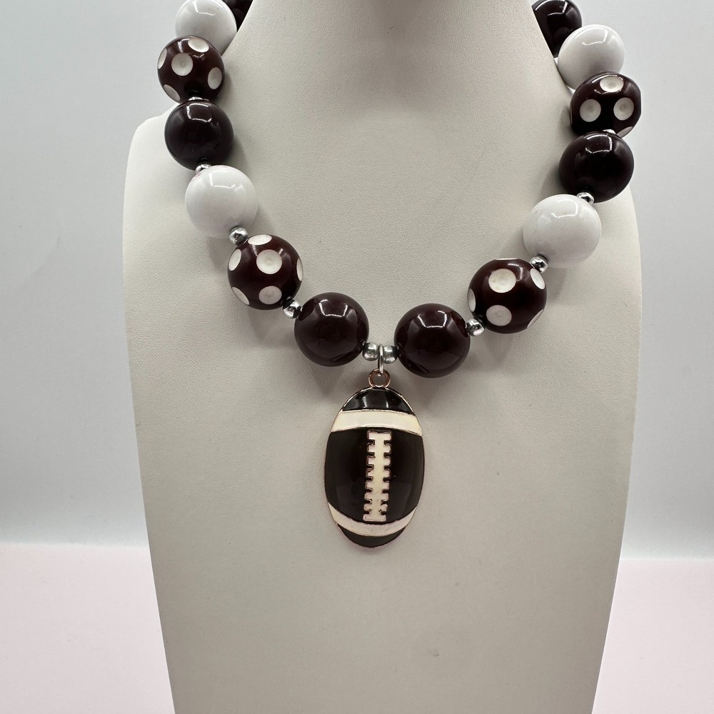 Vintage 90s Sports Football Pendant Necklace Chunky Beads Brown White